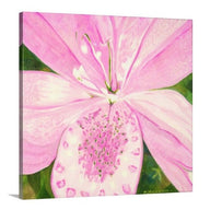A painting, by fine artist Nancy McLennon, of light pink lily in a green garden background sideview