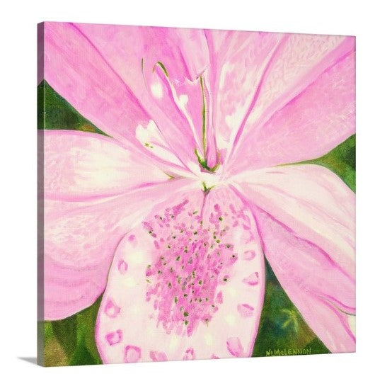 A painting, by fine artist Nancy McLennon, of light pink lily in a green garden background sideview