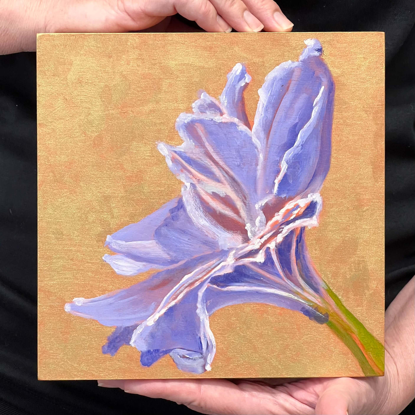 Original - Purple Amaryllis on metallic gold - 8"H x 8"W x 1-1/2"D