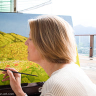 In the art studio with Nancy McLennon as she paints Mt Tamalpais, an iconic landmark of Marin County, as the morning sun rises, under a clear blue sky.