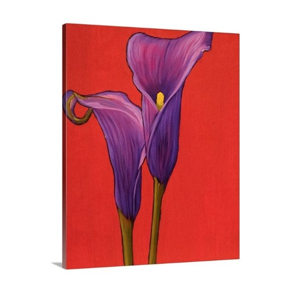 A side view of a painting by fine artist Nancy McLennon, of two deep purple calla lilies on red background