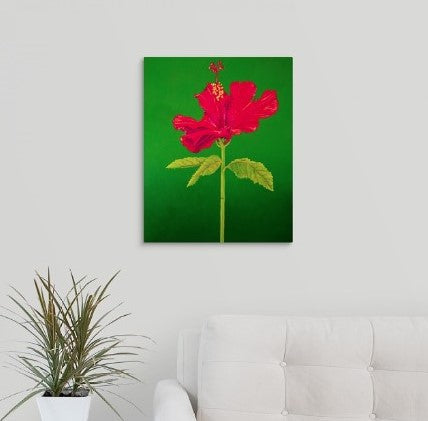 A painting, by fine artist Nancy McLennon, of a single Tall Hibiscus Rosa-Sinensis on green background hanging over a couch