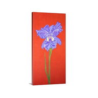 A side view of a painting by fine artist Nancy McLennon, of a single Iris in full bloom on red background