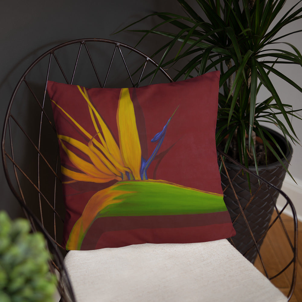Decorative Pillow - Bird of Paradise on dark red