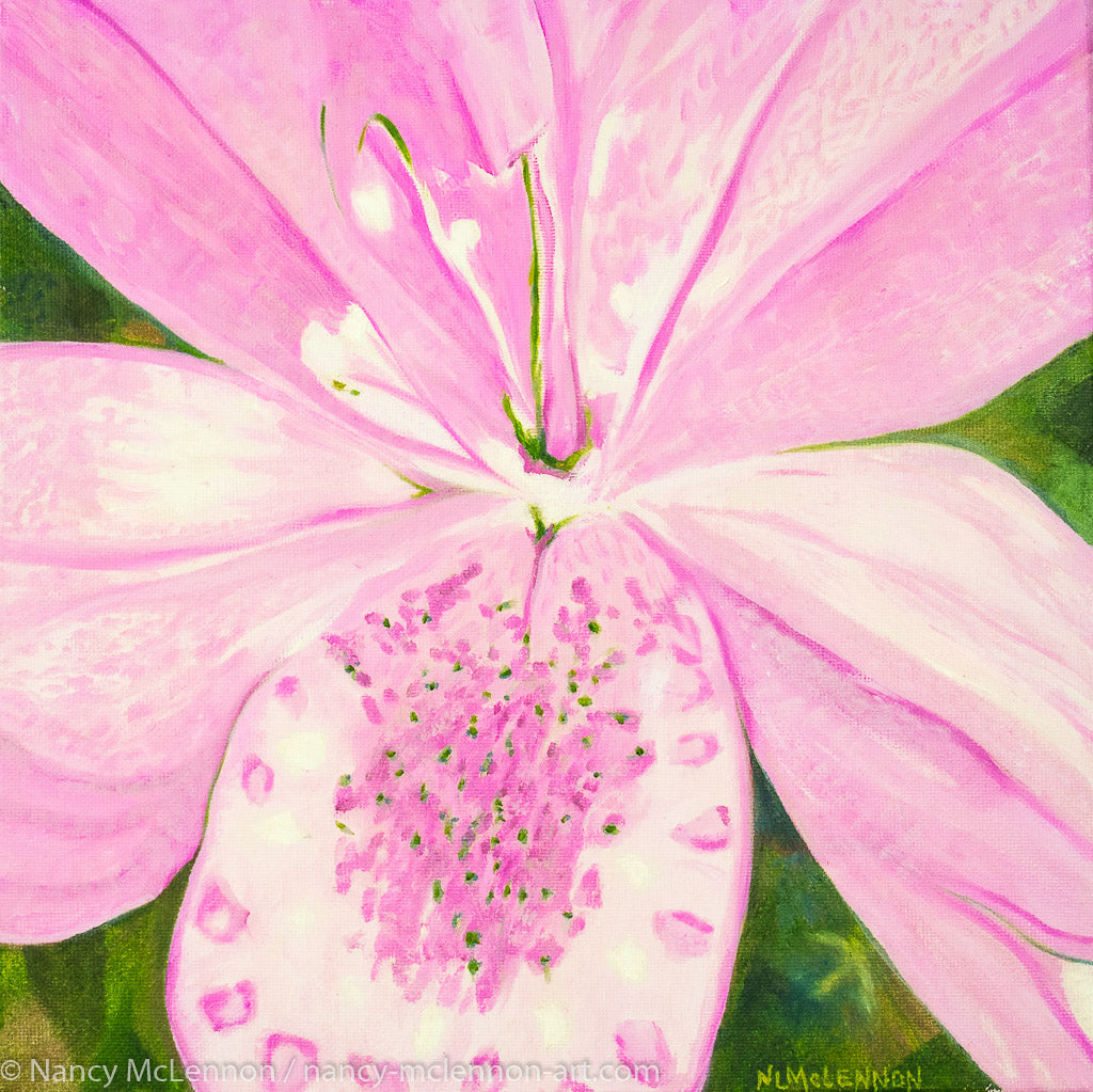 A painting, by fine artist Nancy McLennon, of light pink lily in a green garden background