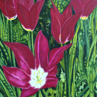 A painting of dark magenta tulips in full bloom, surrounded by a lush, vivid green garden backdrop