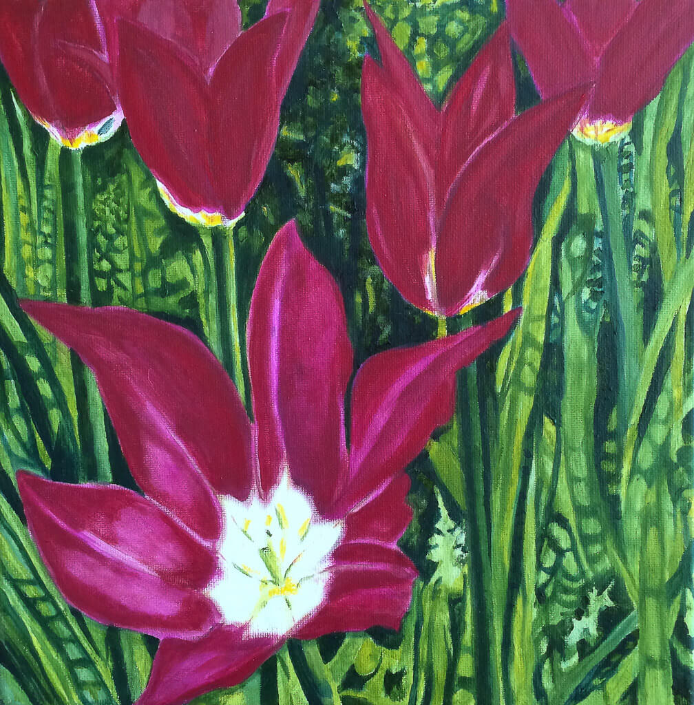 A painting of dark magenta tulips in full bloom, surrounded by a lush, vivid green garden backdrop