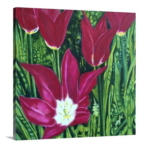 A side view of a painting of dark magenta tulips in full bloom, surrounded by a lush, vivid green garden backdrop