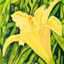 Load image into Gallery viewer, A painting, by fine artist Nancy McLennon, of a single yellow lily in a green garden