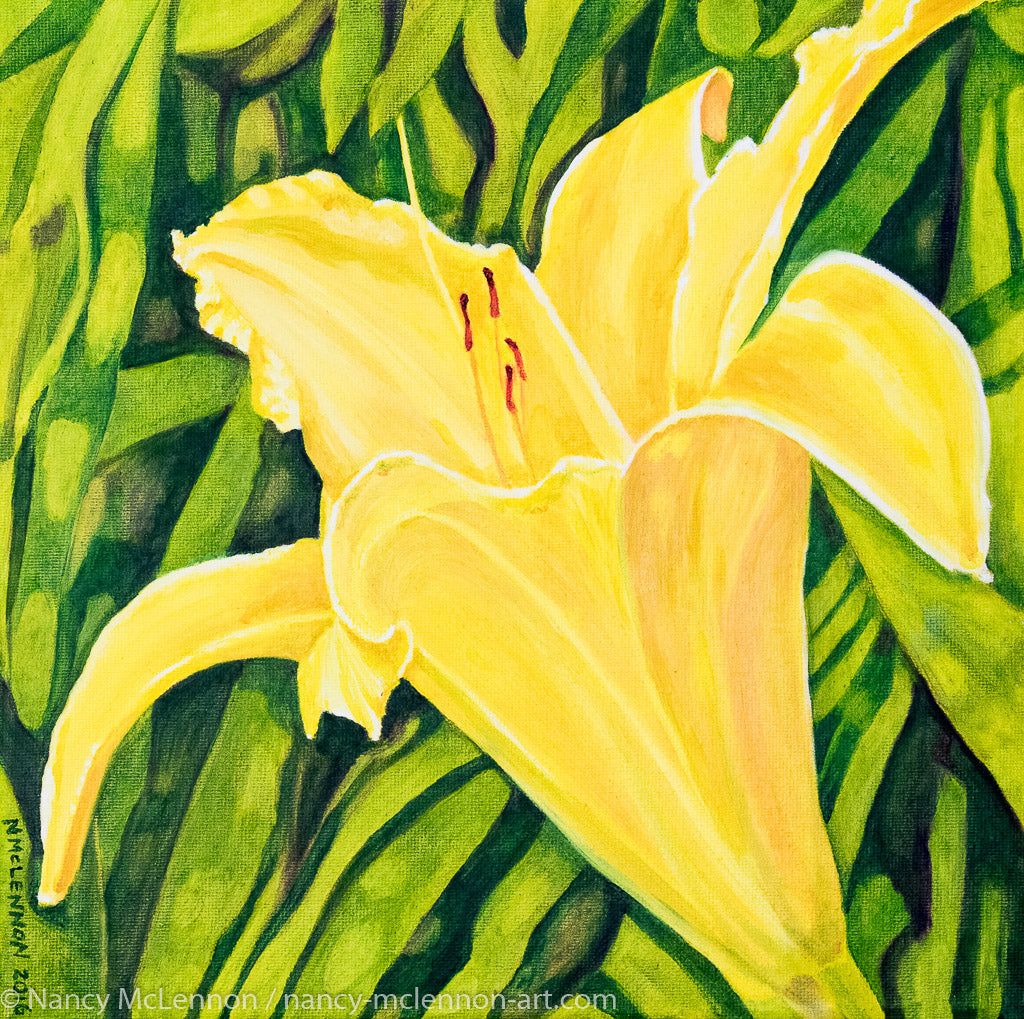 A painting, by fine artist Nancy McLennon, of a single yellow lily in a green garden