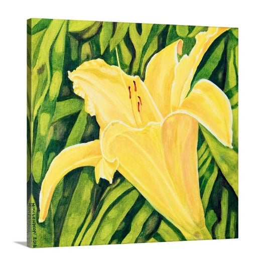 A painting, by fine artist Nancy McLennon, of a single yellow lily in a green garden sideview