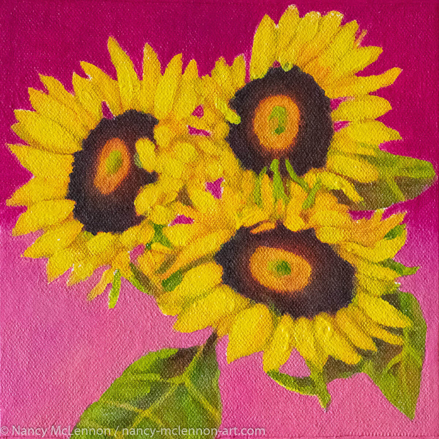 a painting by fine artist Nancy McLennon of a trio of yellow sunflowers and leaves on a fuchsia background