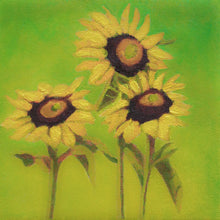 Load image into Gallery viewer, a painting by fine artist Nancy McLennon of a trio of yellow sunflowers and leaves on a warm green to yellow background