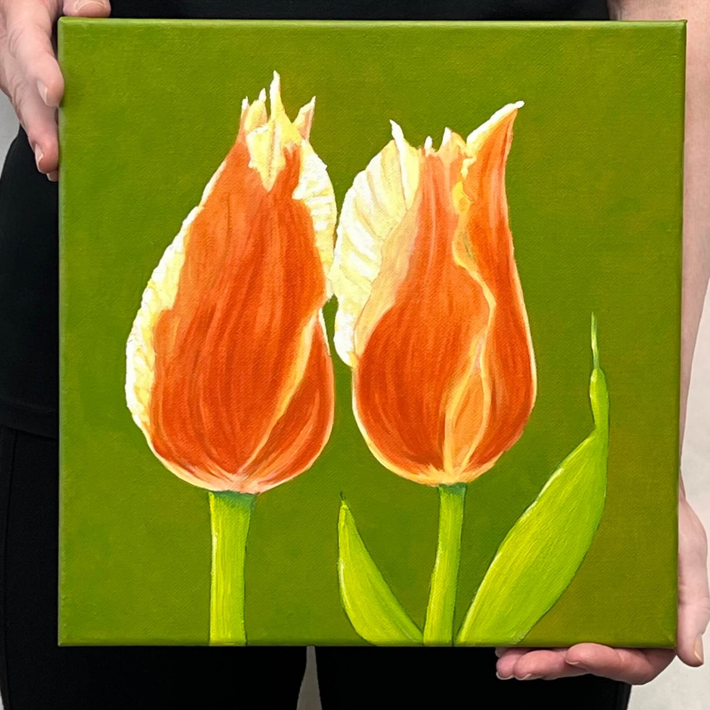 Original - Two tulips on green - 12"H x 12"W x 5/8"D