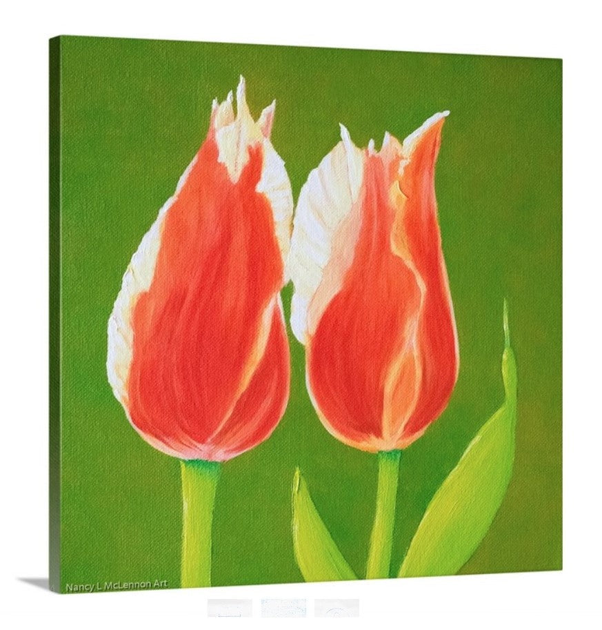 A side view of a painting of two sunlit orange tulips in full bloom with solid, vivid green  backdrop