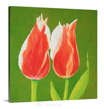 Load image into Gallery viewer, A side view of a painting of two sunlit orange tulips in full bloom with solid, vivid green  backdrop