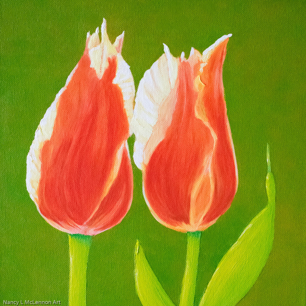 a painting by fine artist Nancy McLennon of two orange tulips on a green background