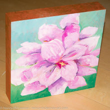 Load image into Gallery viewer, A painting, by fine artist Nancy McLennon, of a single Lavender Amaryllis on mint sideview