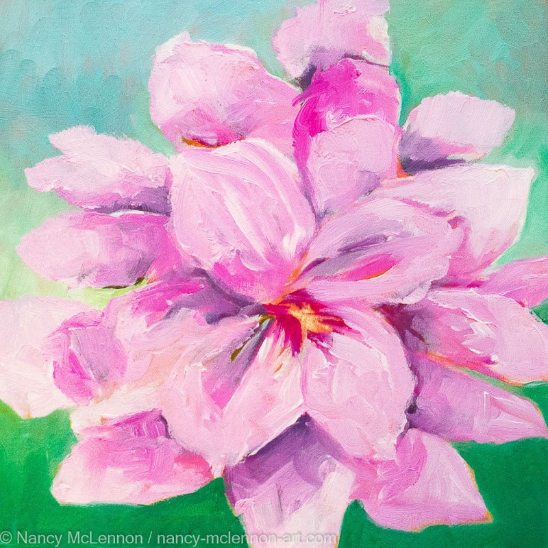 a painting by fine artist Nancy McLennon of a lavender amaryllis on a mint background