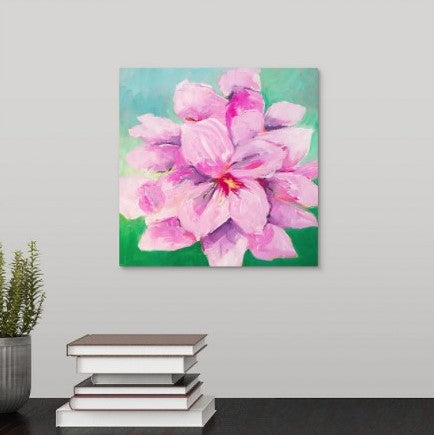A painting, by fine artist Nancy McLennon, of a single Lavender Amaryllis on mint hanging over a desk