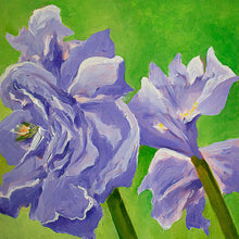 Load image into Gallery viewer, a painting by fine artist Nancy McLennon of a purple amaryllis  on a warm viridian green background