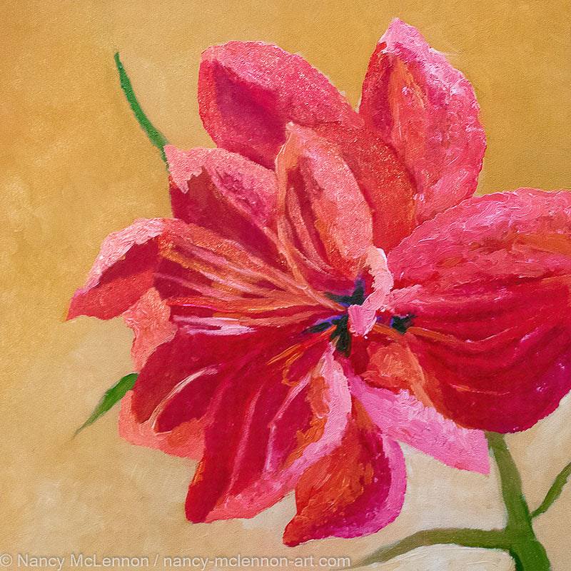 A painting by fine artist Nancy McLennon, of a single Red Barbados Amaryllis bloom on yellow ombre background