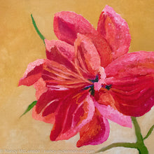 Load image into Gallery viewer, A painting by fine artist Nancy McLennon, of a single Red Barbados Amaryllis bloom on yellow ombre background