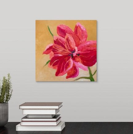 A painting by fine artist Nancy McLennon, of a single Red Barbados Amaryllis bloom on yellow ombre background hanging over a desk