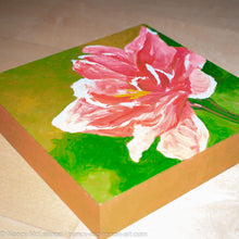 Load image into Gallery viewer, a painting by fine artist Nancy McLennon of a pink amaryllis nagano on a green background flatview