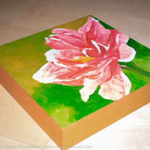 a painting by fine artist Nancy McLennon of a pink amaryllis nagano on a green background flatview