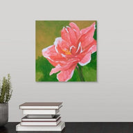 a painting by fine artist Nancy McLennon of a pink amaryllis nagano on a green background hanging over a desk