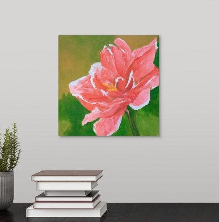 a painting by fine artist Nancy McLennon of a pink amaryllis nagano on a green background hanging over a desk