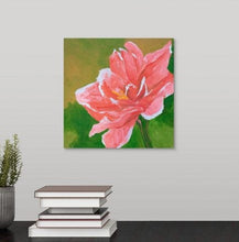 Load image into Gallery viewer, a painting by fine artist Nancy McLennon of a pink amaryllis nagano on a green background hanging over a desk