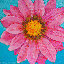 Load image into Gallery viewer, a painting by fine artist Nancy McLennon of a pink gerber daisy with yellow core in full bloom on sky blue background