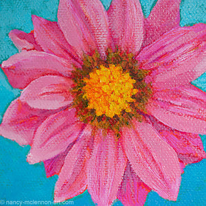 a painting by fine artist Nancy McLennon of a pink gerber daisy with yellow core in full bloom on sky blue background