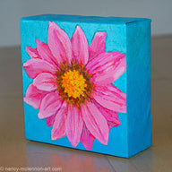 a painting by fine artist Nancy McLennon of a pink gerber daisy with yellow core in full bloom on sky blue background sideview