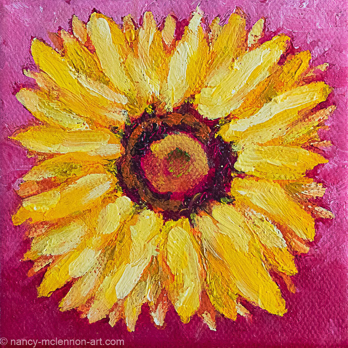 a painting by fine artist Nancy McLennon of a yellow sunflower with a brown center on ombre magenta background