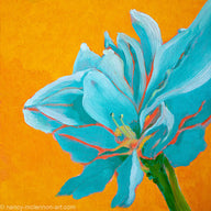 a painting by fine artist Nancy McLennon of a teal amaryllis on a yellow background