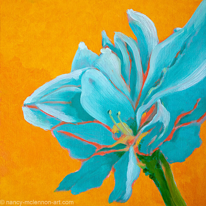 a painting by fine artist Nancy McLennon of a teal amaryllis on a yellow background