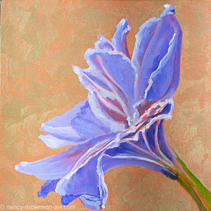 a painting by fine artist Nancy McLennon of a purple amaryllis on metallic gold background