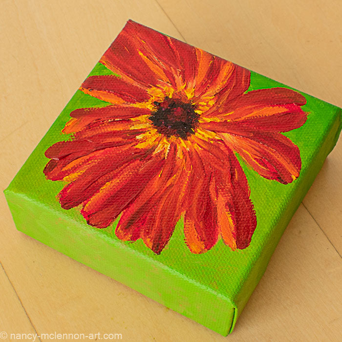 a painting by fine artist Nancy McLennon of a red gerber daisy with a brown center on a bright green background overview