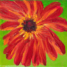 Load image into Gallery viewer, a painting by fine artist Nancy McLennon of a red gerber daisy with a brown center on a bright green background