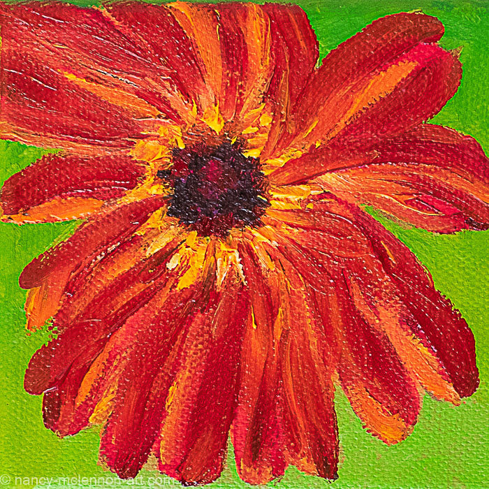 a painting by fine artist Nancy McLennon of a red gerber daisy with a brown center on a bright green background