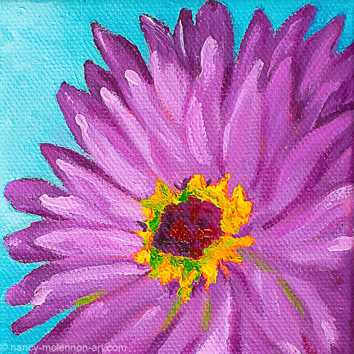 a painting by fine artist Nancy McLennon of a purple gerber daisy with a yellow and brown center on a blue background