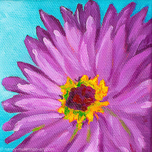 Load image into Gallery viewer, a painting by fine artist Nancy McLennon of a purple gerber daisy with a yellow and brown center on a blue background