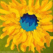 Load image into Gallery viewer, a painting by fine artist Nancy McLennon of a yellow sunflower with blue center on a bright green background