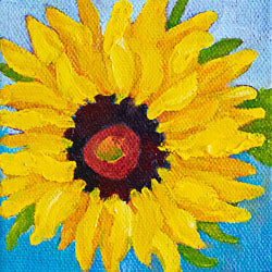 a painting by fine artist Nancy McLennon of a yellow sunflower with brown center on a blue ombre background