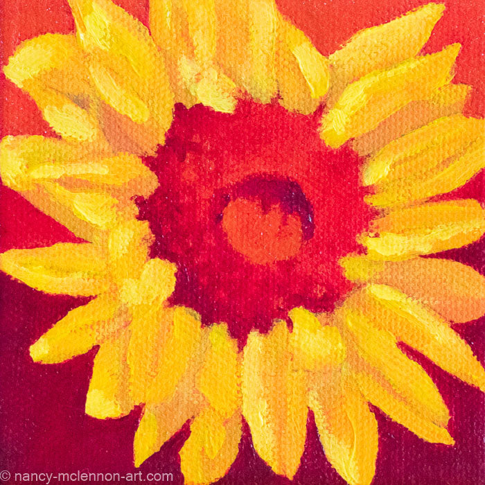 a painting by fine artist Nancy McLennon of a yellow sunflower with a red center on a red ombre background