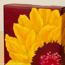 Load image into Gallery viewer, a painting by fine artist Nancy McLennon of a yellow sunflower with a purple center on purple background detail