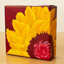 Load image into Gallery viewer, a painting by fine artist Nancy McLennon of a yellow sunflower with a purple center on purple background sideview